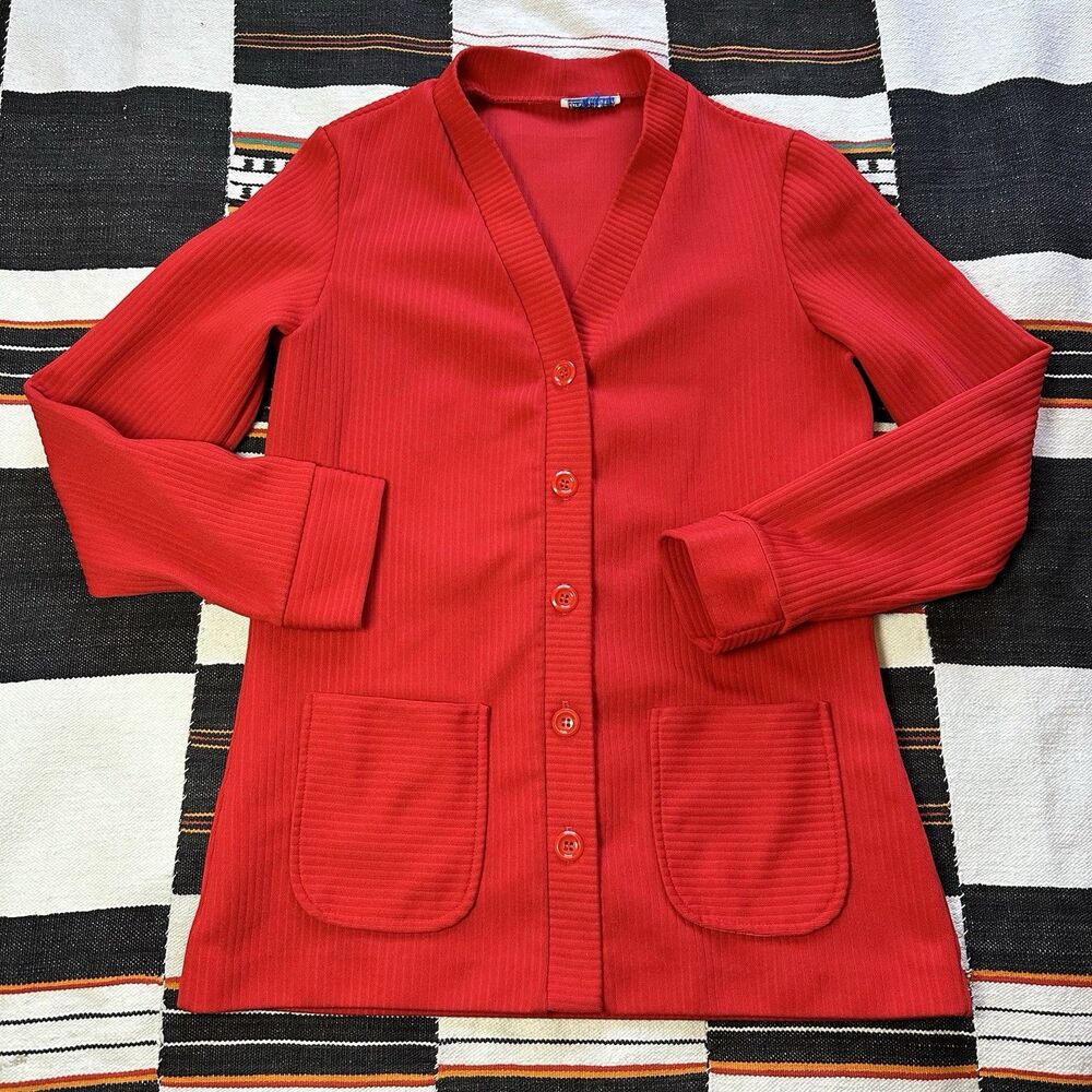 Vintage 70’s Sears Roebuck Cherry Red Button Up Cardigan Sweater. Pockets. Small